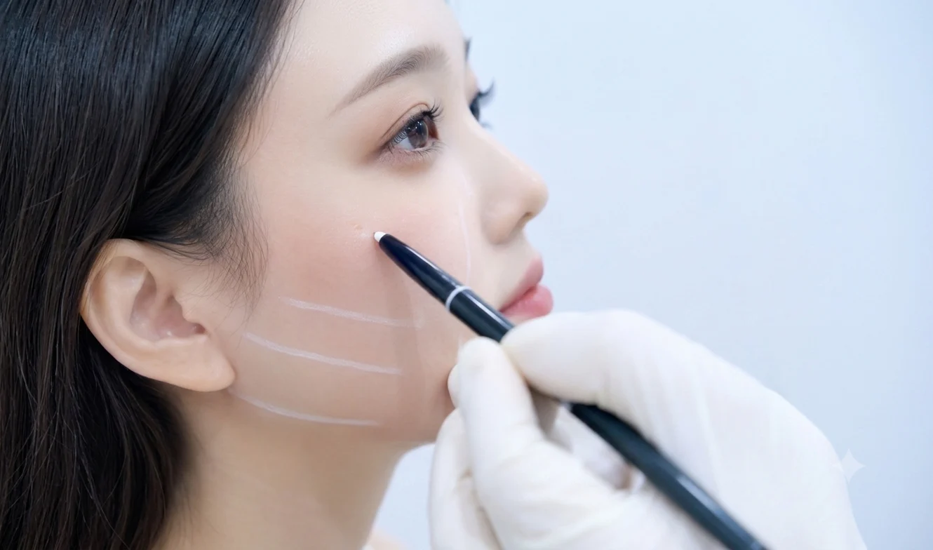 The doctor designs the treatment on the patient's face with a treatment pen.